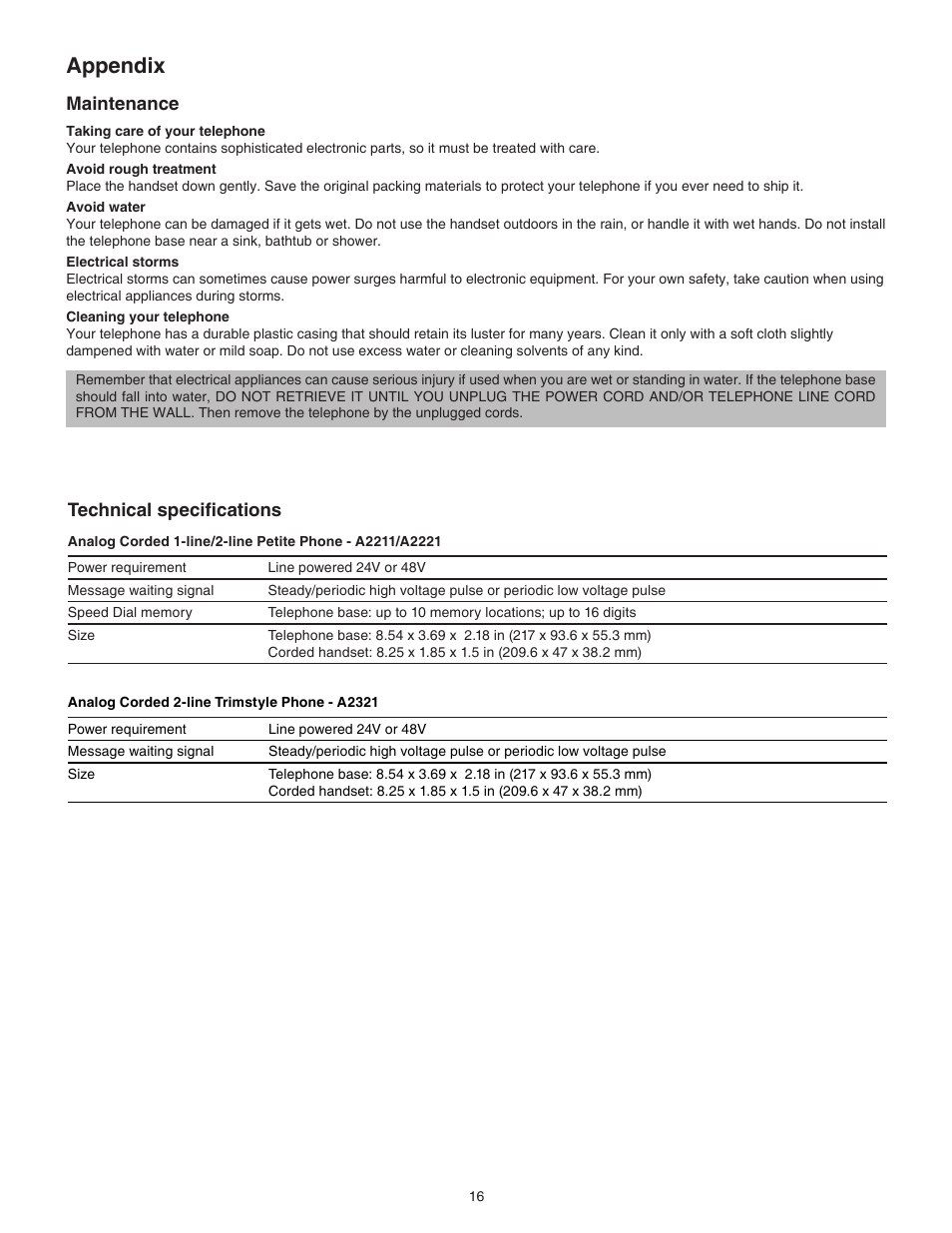 Maintenance, Technical specifications, Appendix | VTech A2321 Manual User Manual | Page 19 / 21