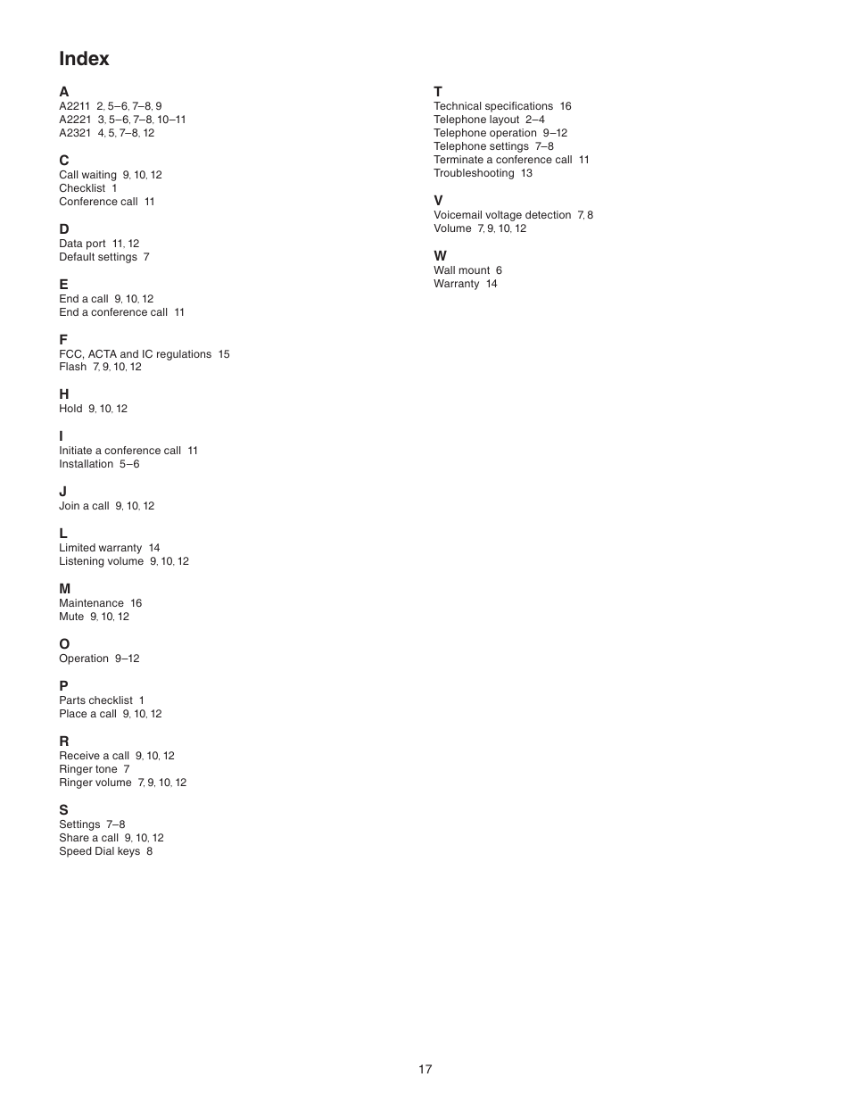 Index | VTech A2321 Manual User Manual | Page 20 / 21