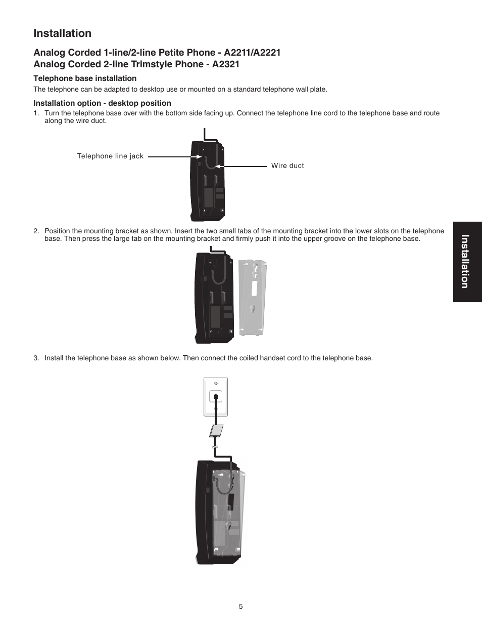 Analog corded 2-line trimstyle phone - a2321, Installation | VTech A2321 Manual User Manual | Page 8 / 21