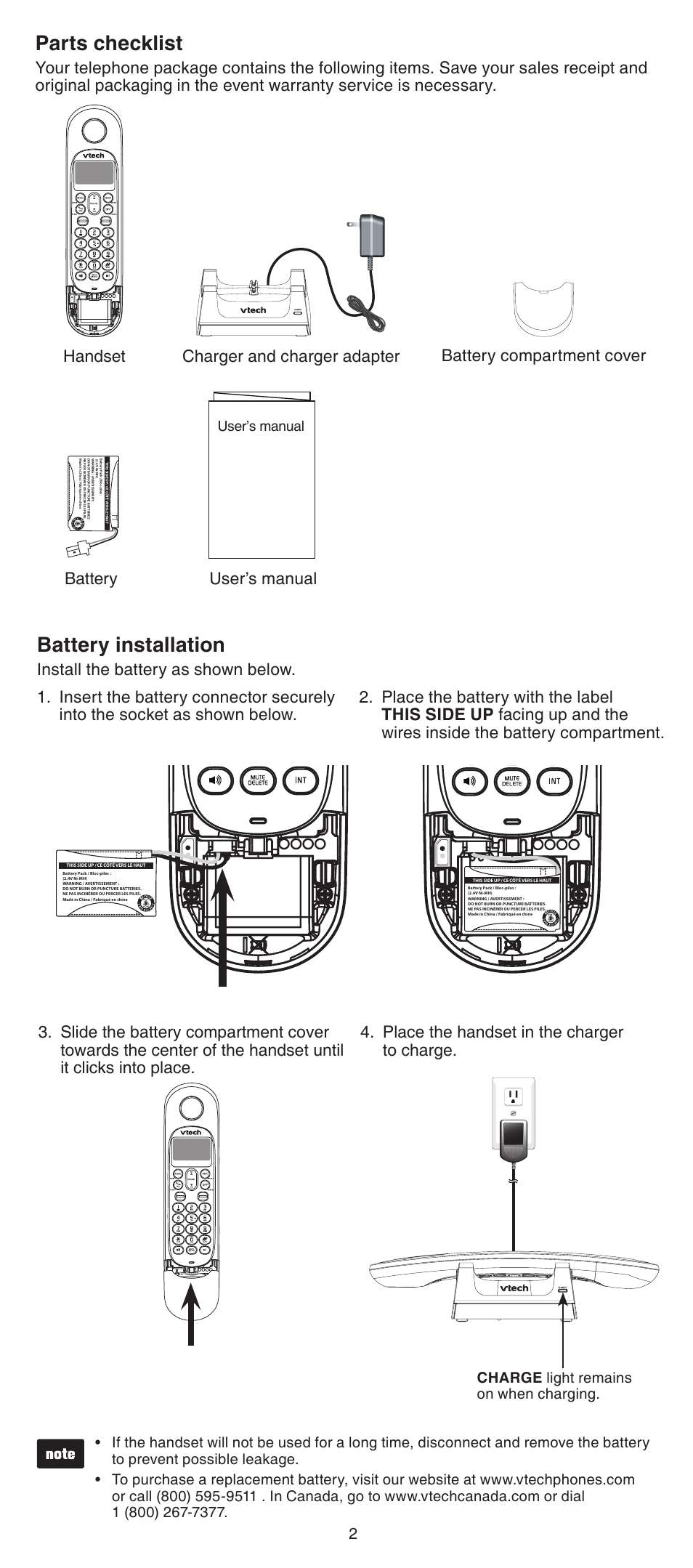 Battery installation, Parts checklist, Charge light remains on when charging | User’s manual | VTech LS6005_-13-15-16-17 Manual User Manual | Page 2 / 8