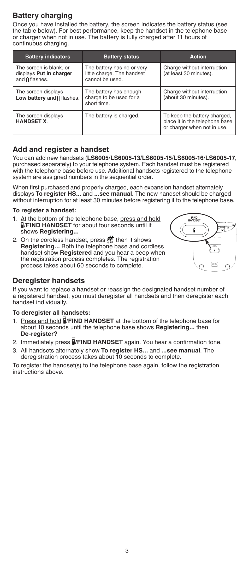 Add and register a handset, Deregister handsets, Battery charging | VTech LS6005_-13-15-16-17 Manual User Manual | Page 3 / 8