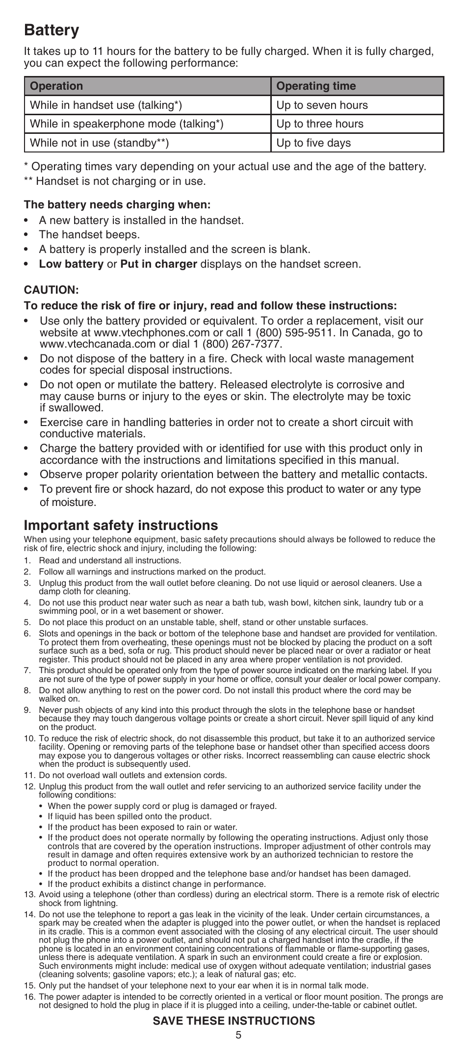 Battery, Important safety instructions, Save these instructions | VTech LS6005_-13-15-16-17 Manual User Manual | Page 5 / 8