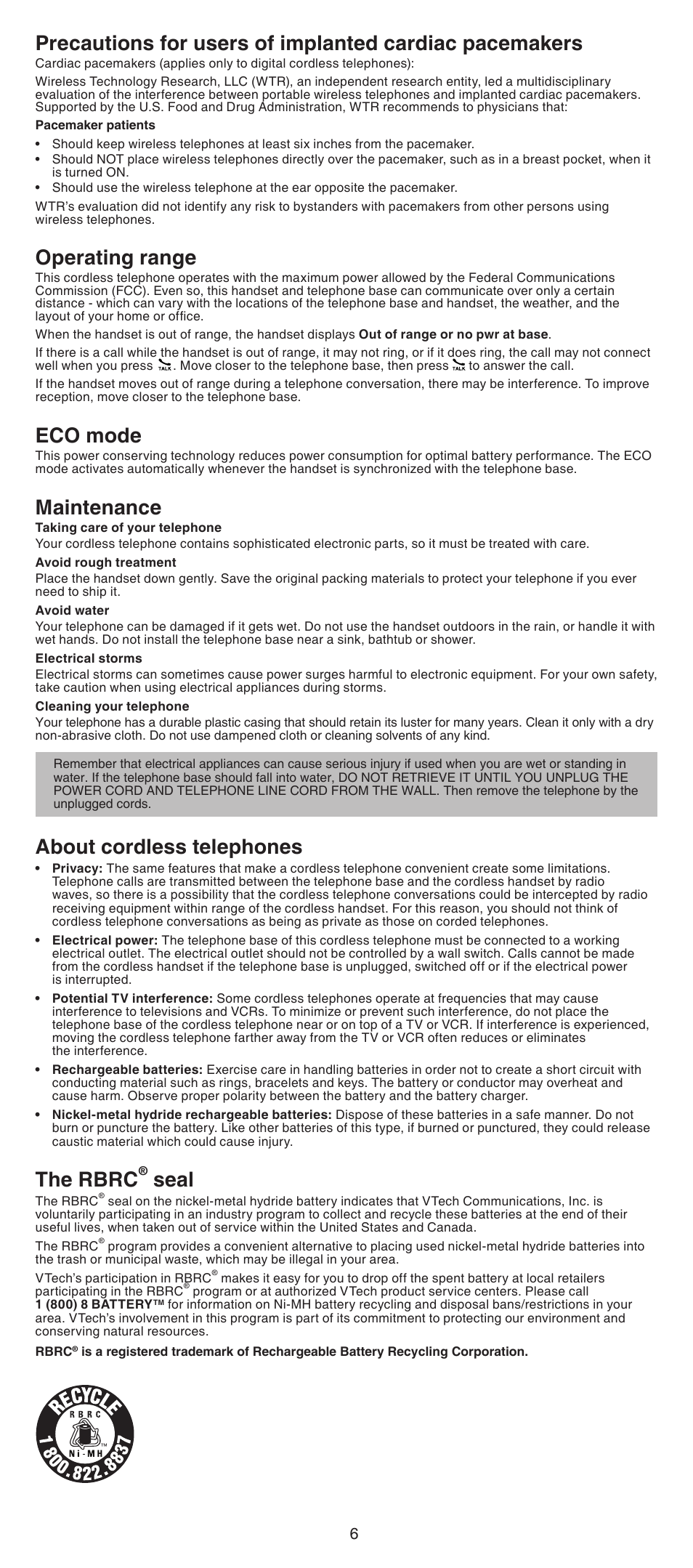 Operating range, Eco mode, Maintenance | About cordless telephones, The rbrc, Seal | VTech LS6005_-13-15-16-17 Manual User Manual | Page 6 / 8