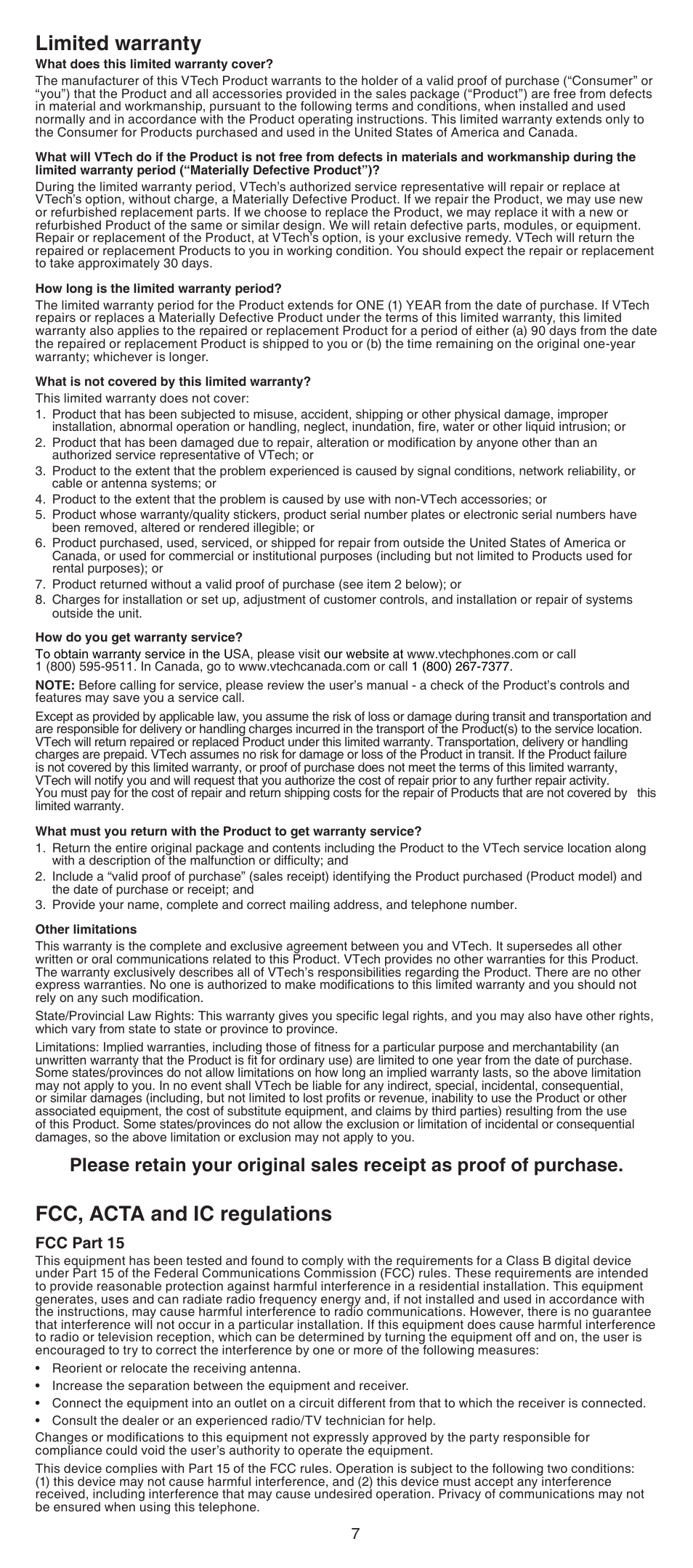 Limited warranty, Fcc, acta and ic regulations, Fcc part 15 | VTech LS6005_-13-15-16-17 Manual User Manual | Page 7 / 8