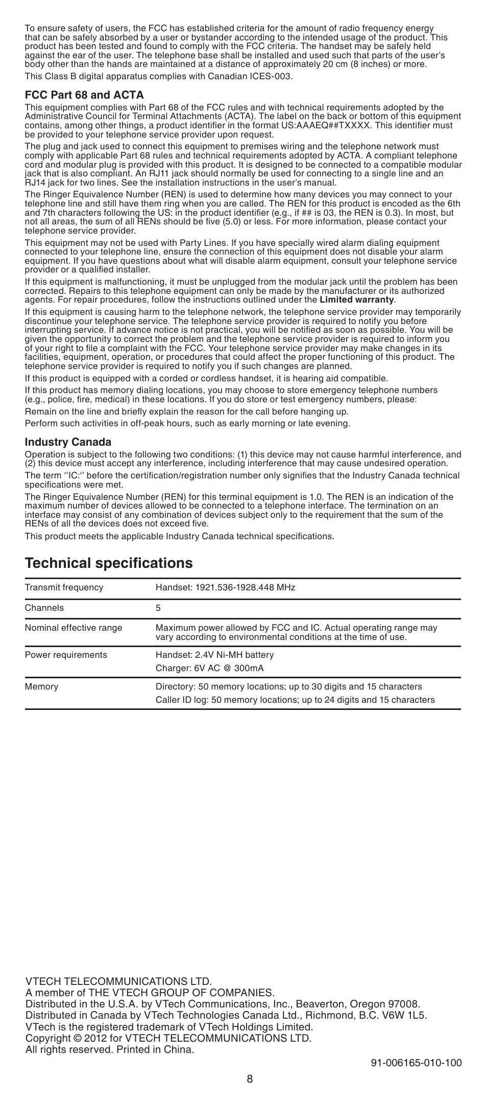 Technical specifications | VTech LS6005_-13-15-16-17 Manual User Manual | Page 8 / 8