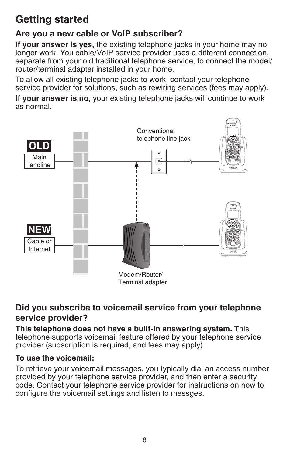 Are you a new cable or voip, Subscrber, Dd you subscrbe to vocemal | Servce from your telephone, Servce provder, Getting started, Are you a new cable or voip subscriber | VTech CS6114-2 (with LED) Manual User Manual | Page 11 / 45
