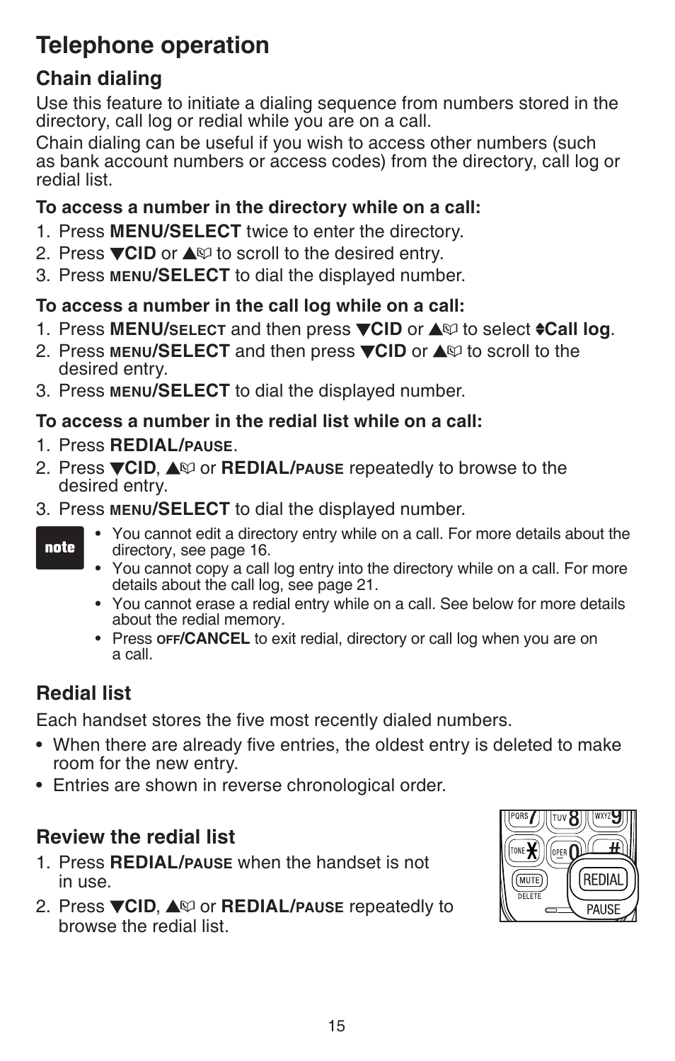 Chan dalng redal lst revew the redal lst, Telephone operation, Chain dialing | Redial list, Review the redial list | VTech CS6114-2 (with LED) Manual User Manual | Page 18 / 45