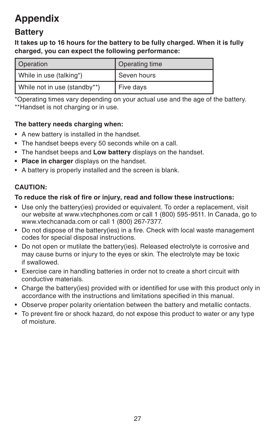 Battery, Appendix | VTech CS6114-2 (with LED) Manual User Manual | Page 30 / 45