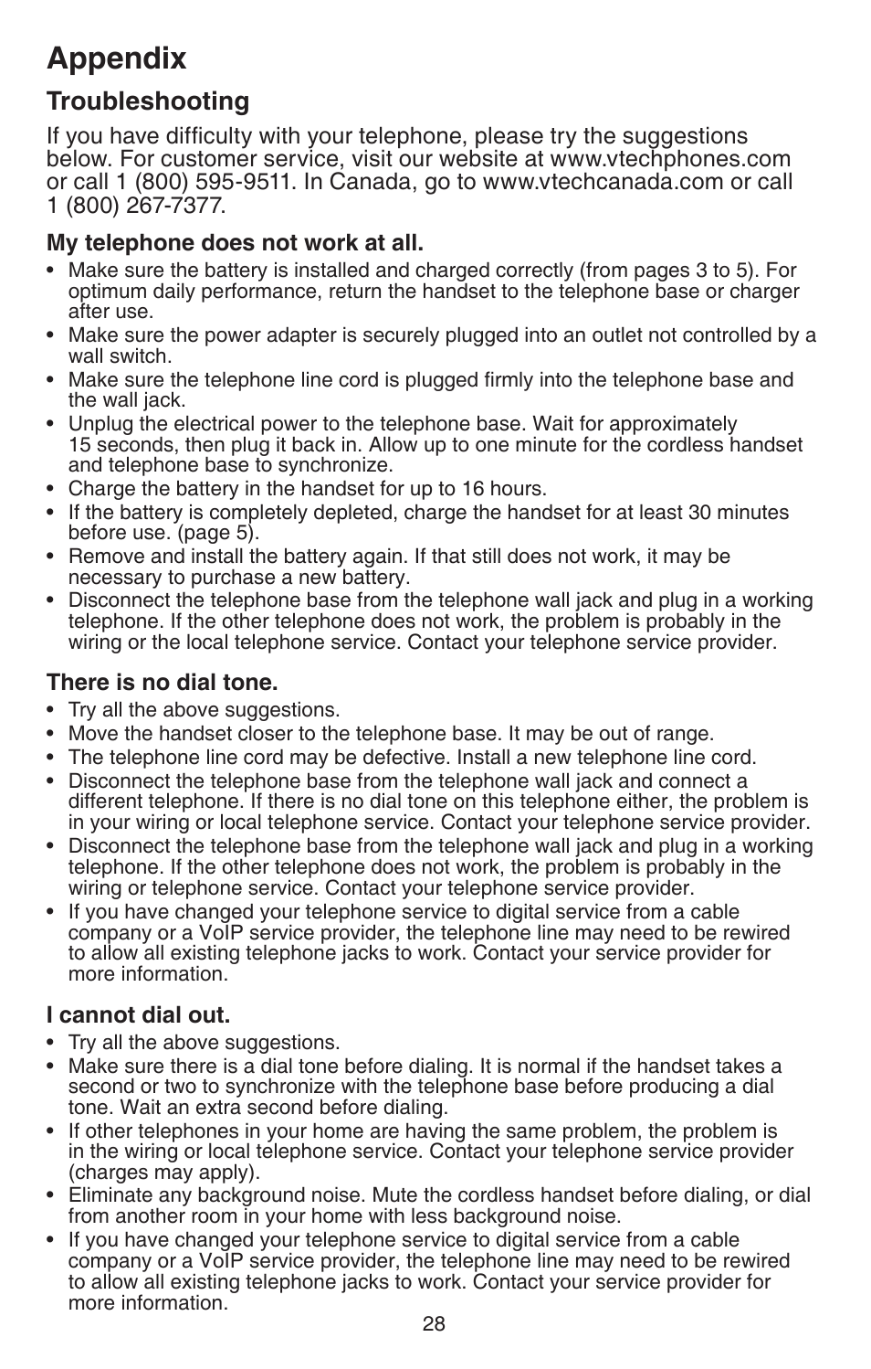Troubleshootng, Appendix, Troubleshooting | VTech CS6114-2 (with LED) Manual User Manual | Page 31 / 45