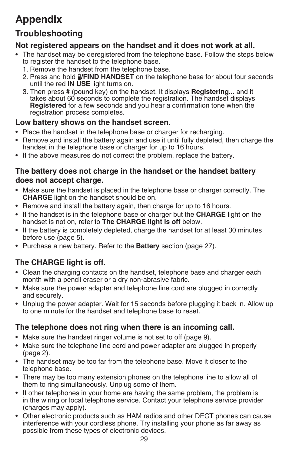 Appendix, Troubleshooting | VTech CS6114-2 (with LED) Manual User Manual | Page 32 / 45