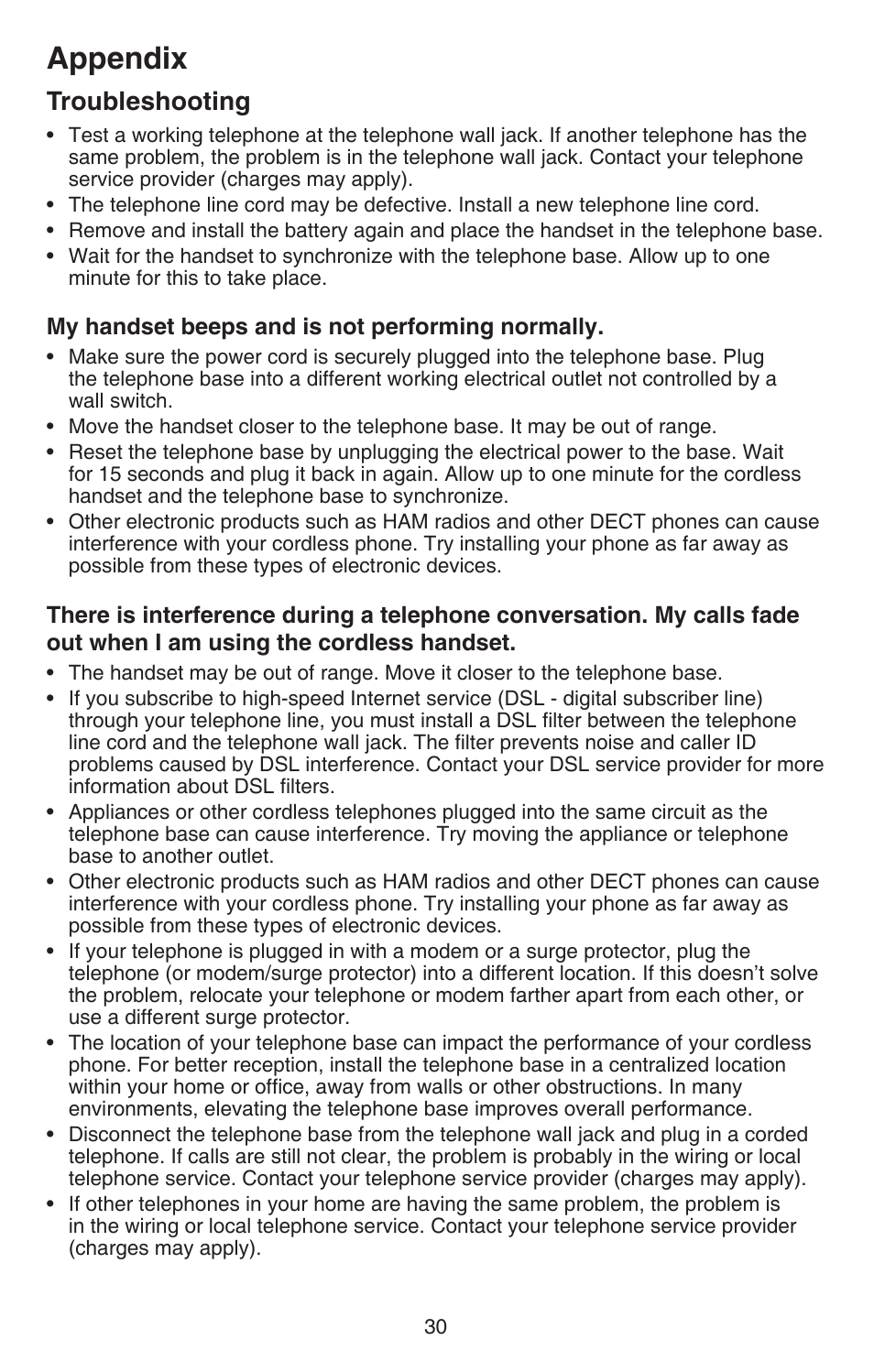 Appendix, Troubleshooting | VTech CS6114-2 (with LED) Manual User Manual | Page 33 / 45