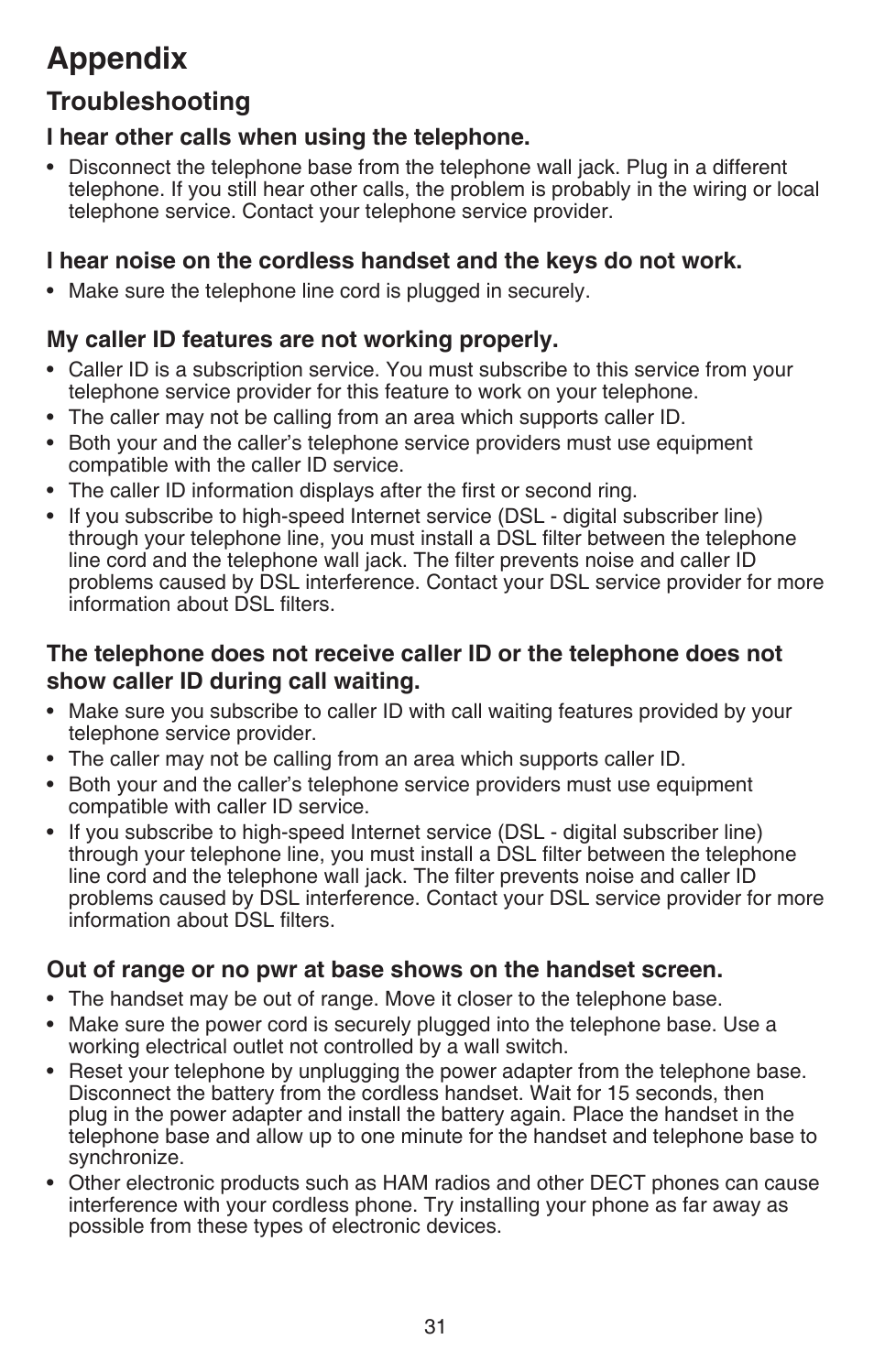 Appendix, Troubleshooting | VTech CS6114-2 (with LED) Manual User Manual | Page 34 / 45