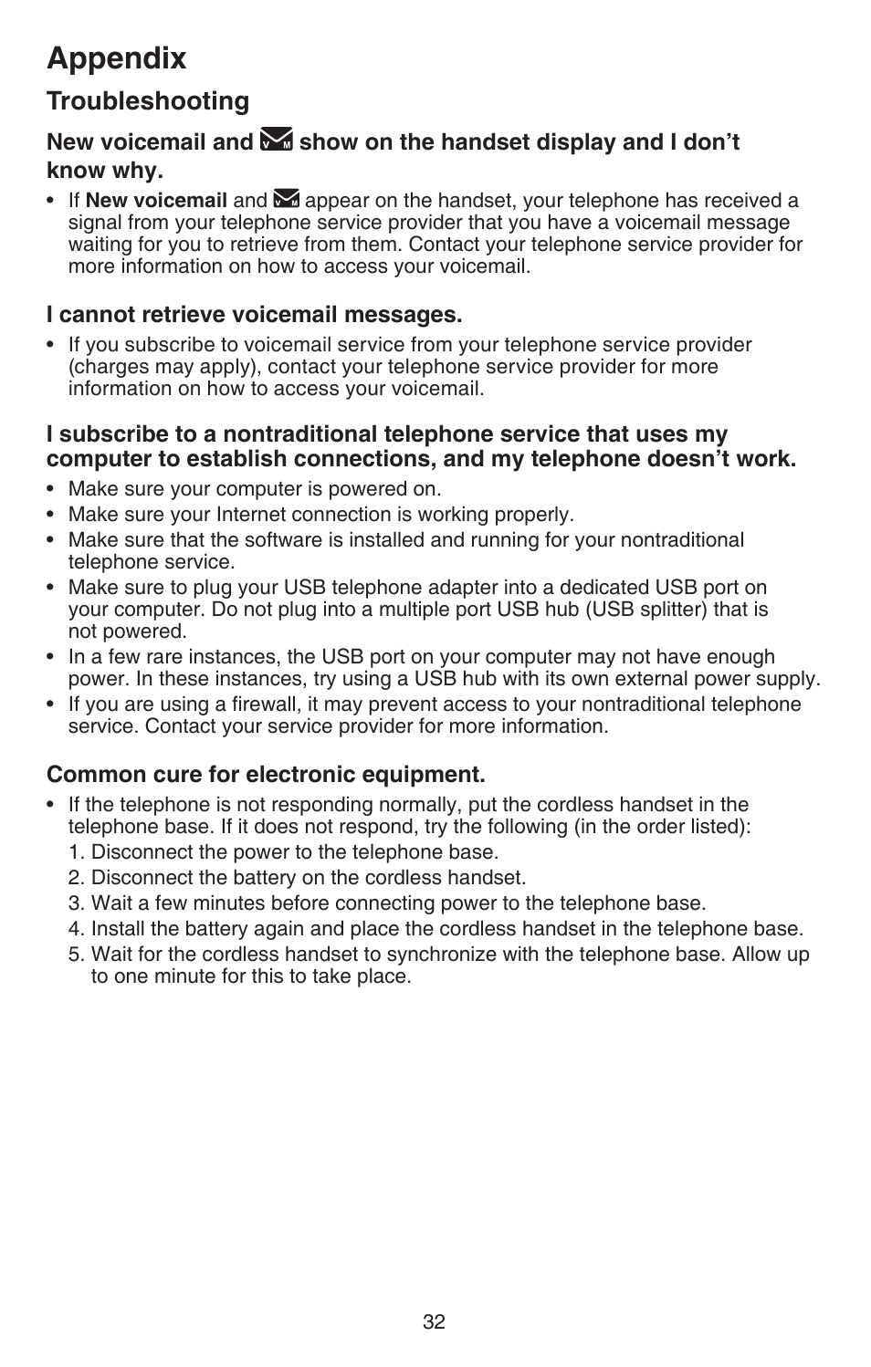 Appendix, Troubleshooting | VTech CS6114-2 (with LED) Manual User Manual | Page 35 / 45