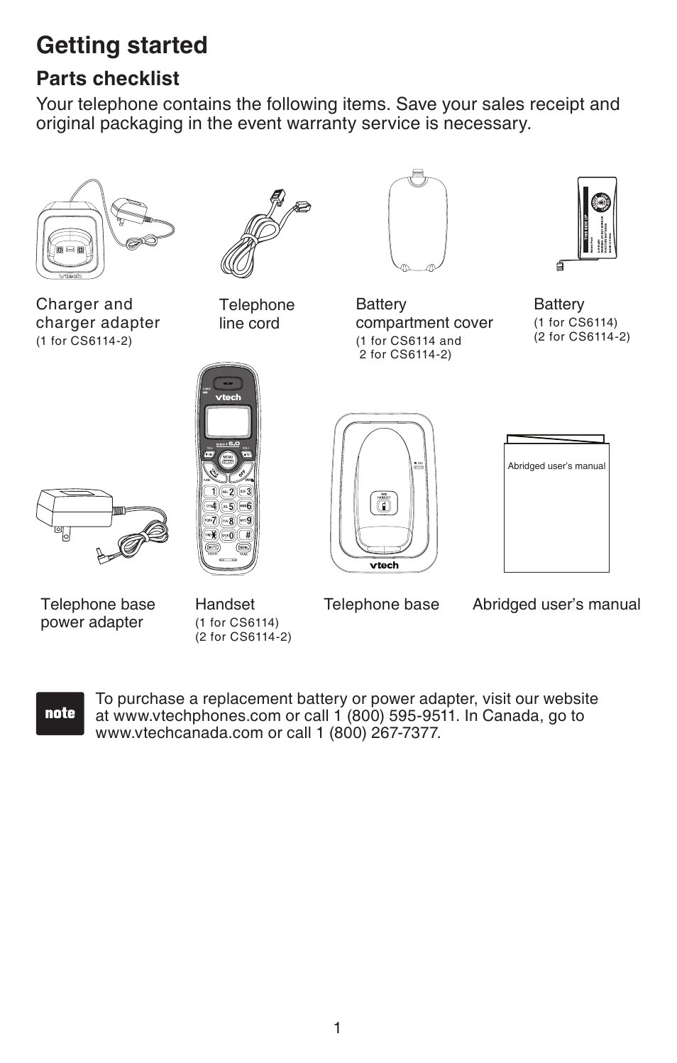 Getting started, Parts checklst, Parts checklist | VTech CS6114-2 (with LED) Manual User Manual | Page 4 / 45