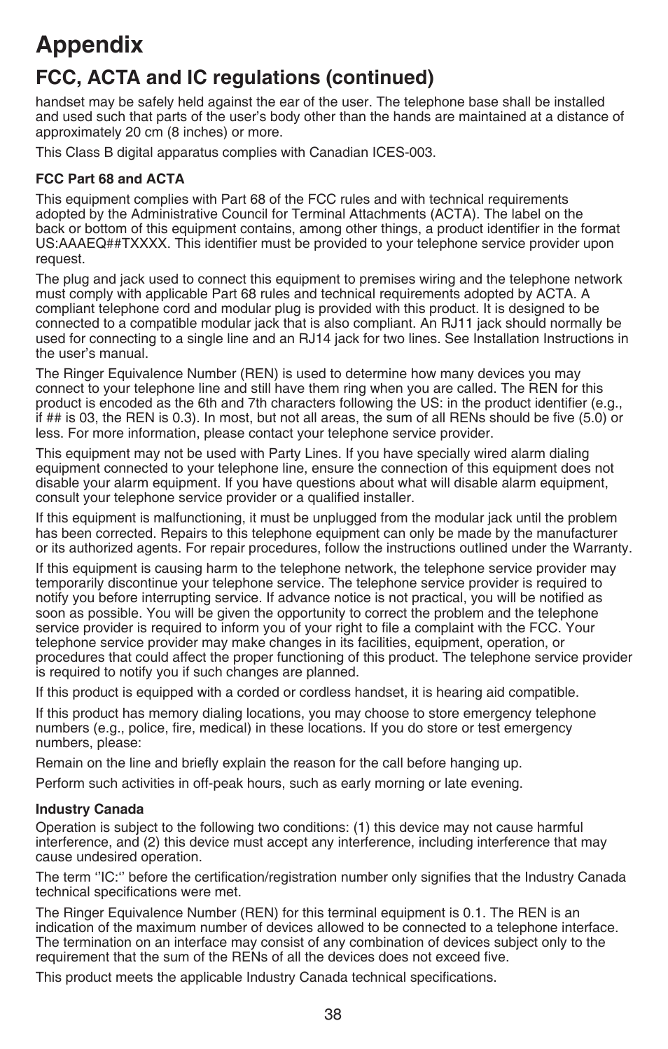 Appendix, Fcc, acta and ic regulations (continued) | VTech CS6114-2 (with LED) Manual User Manual | Page 41 / 45