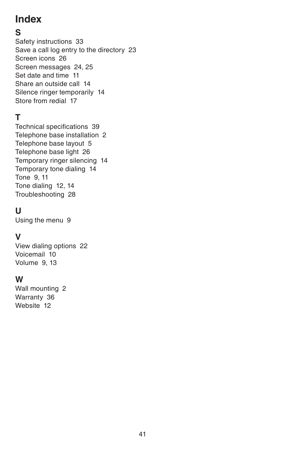 Index | VTech CS6114-2 (with LED) Manual User Manual | Page 44 / 45