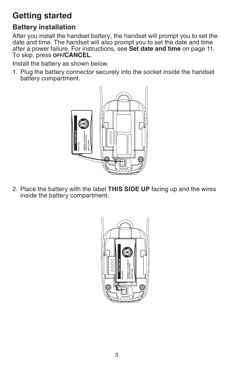 Battery nstallaton, Getting started | VTech CS6114-2 (with LED) Manual User Manual | Page 6 / 45