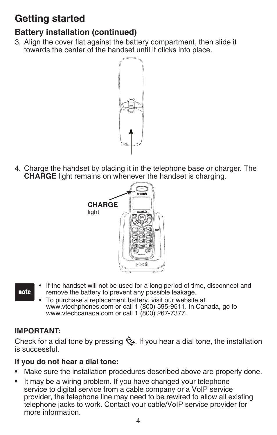 Getting started, Battery installation (continued) | VTech CS6114-2 (with LED) Manual User Manual | Page 7 / 45
