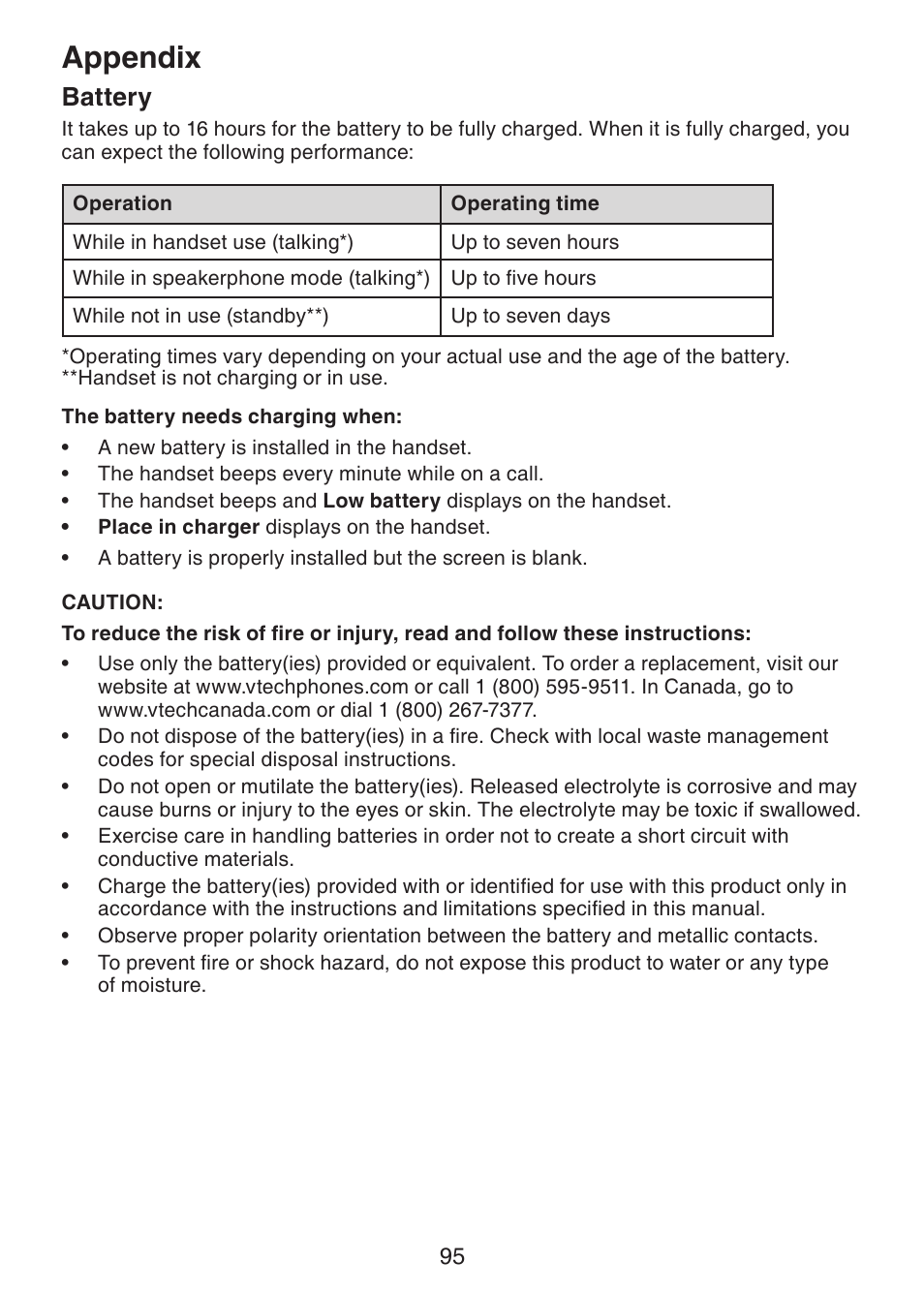 Appendix, Battery | VTech DS6421-26 Manual User Manual | Page 100 / 125