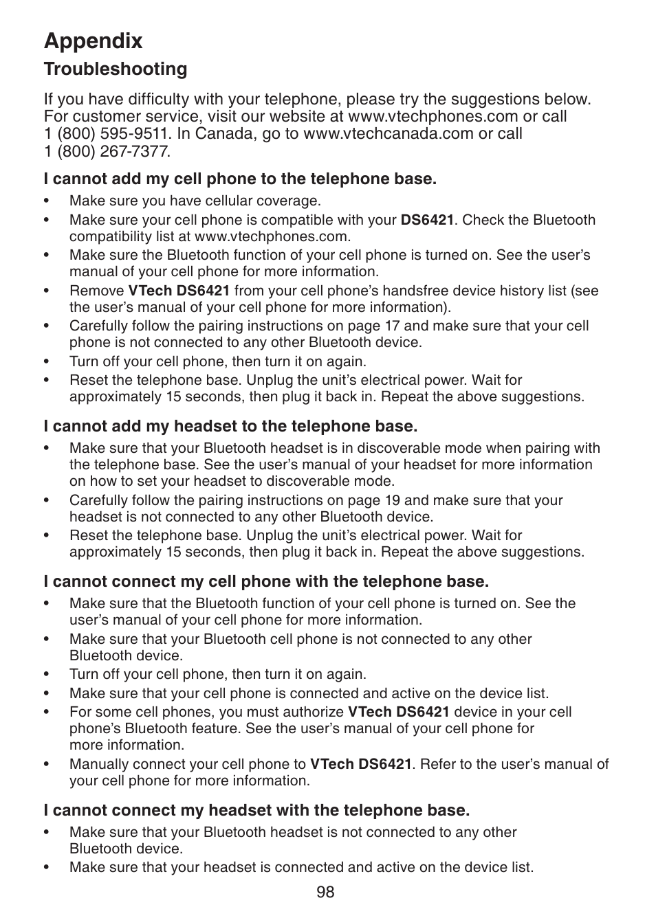 Appendix, Troubleshooting | VTech DS6421-26 Manual User Manual | Page 103 / 125