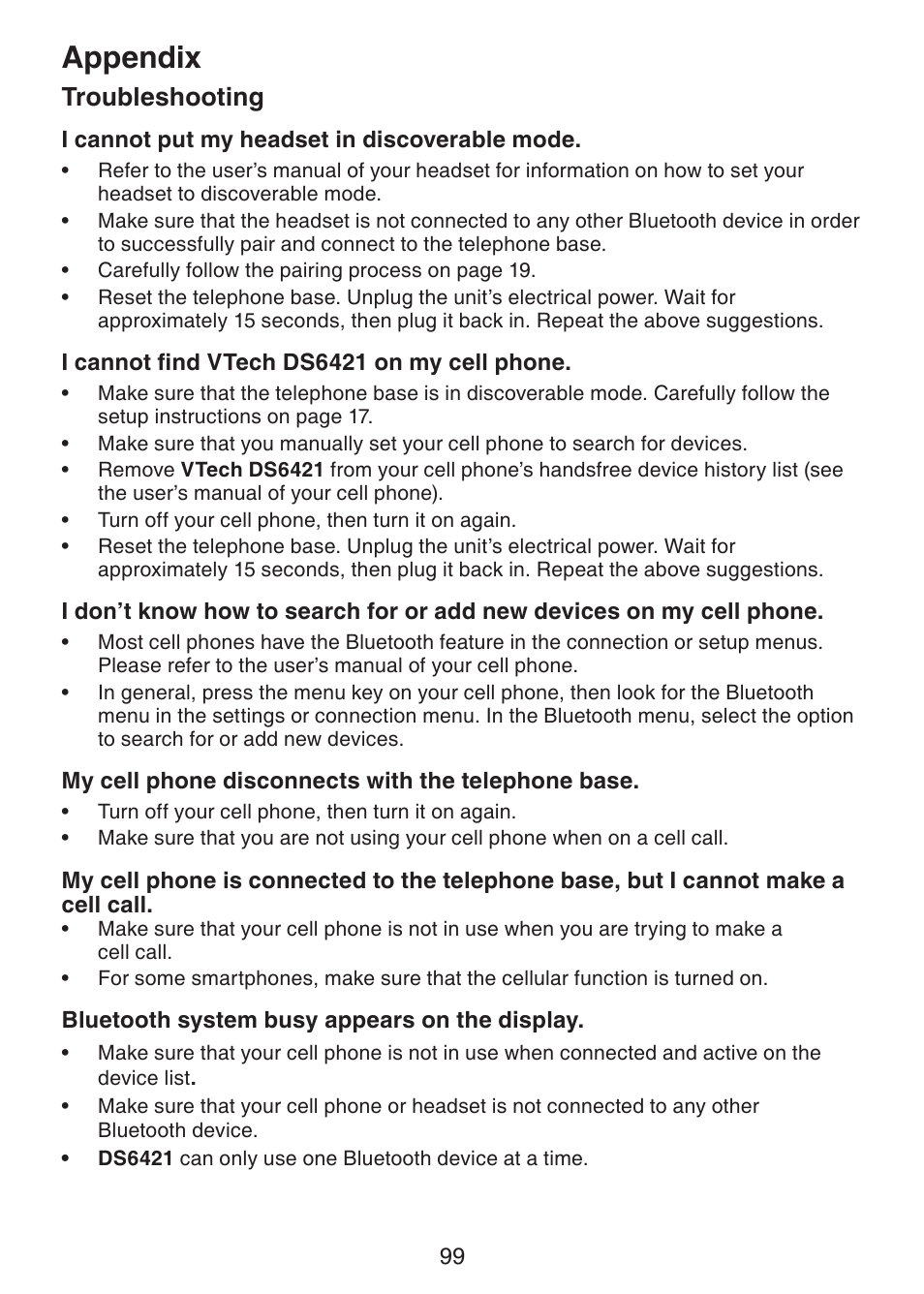 Appendix, Troubleshooting | VTech DS6421-26 Manual User Manual | Page 104 / 125