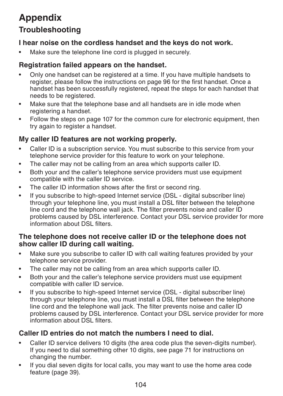 Appendix, Troubleshooting | VTech DS6421-26 Manual User Manual | Page 109 / 125