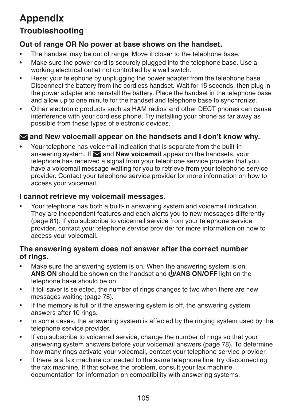 Appendix, Troubleshooting | VTech DS6421-26 Manual User Manual | Page 110 / 125