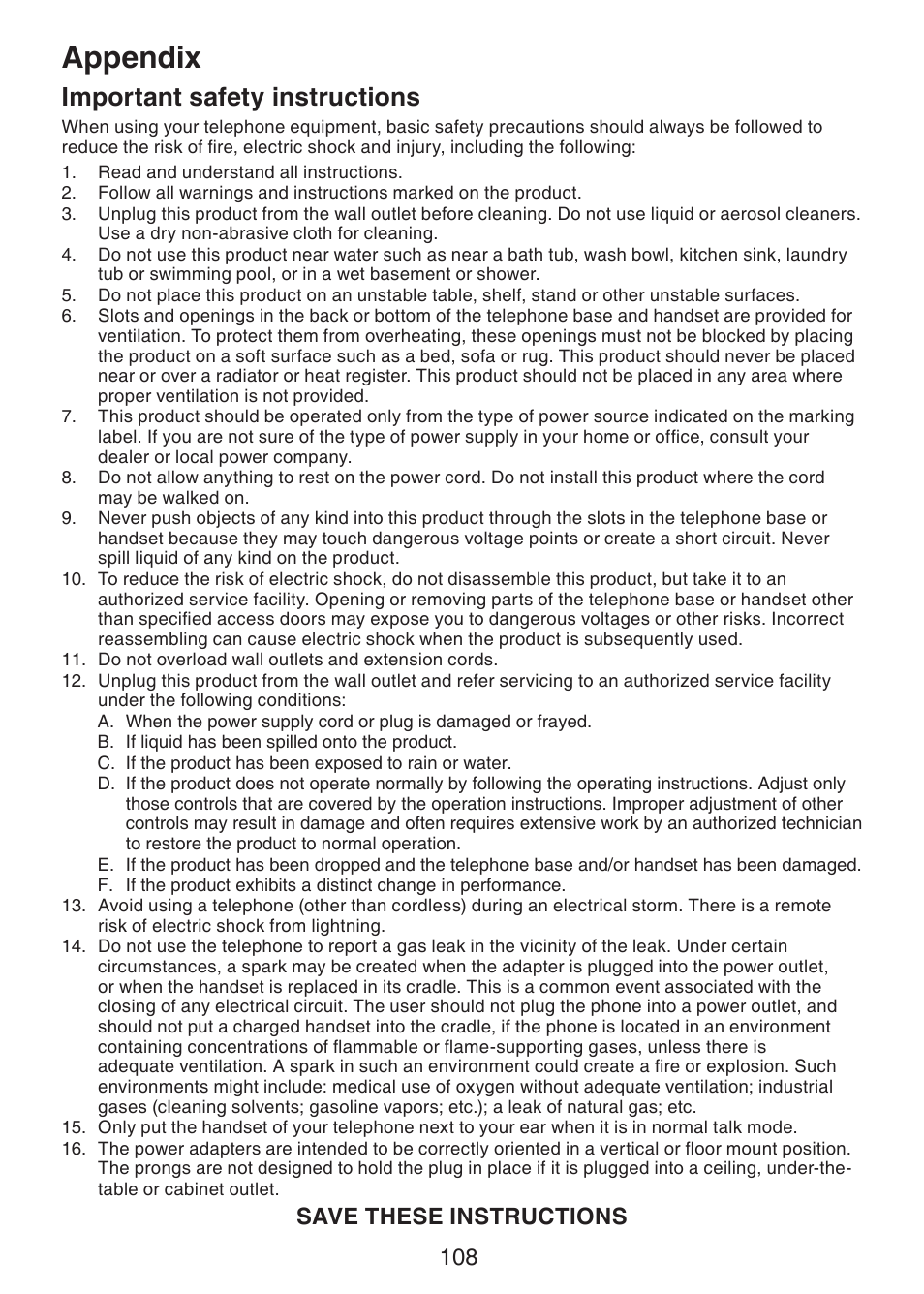 Appendix, Important safety instructions, Save these instructions | VTech DS6421-26 Manual User Manual | Page 113 / 125