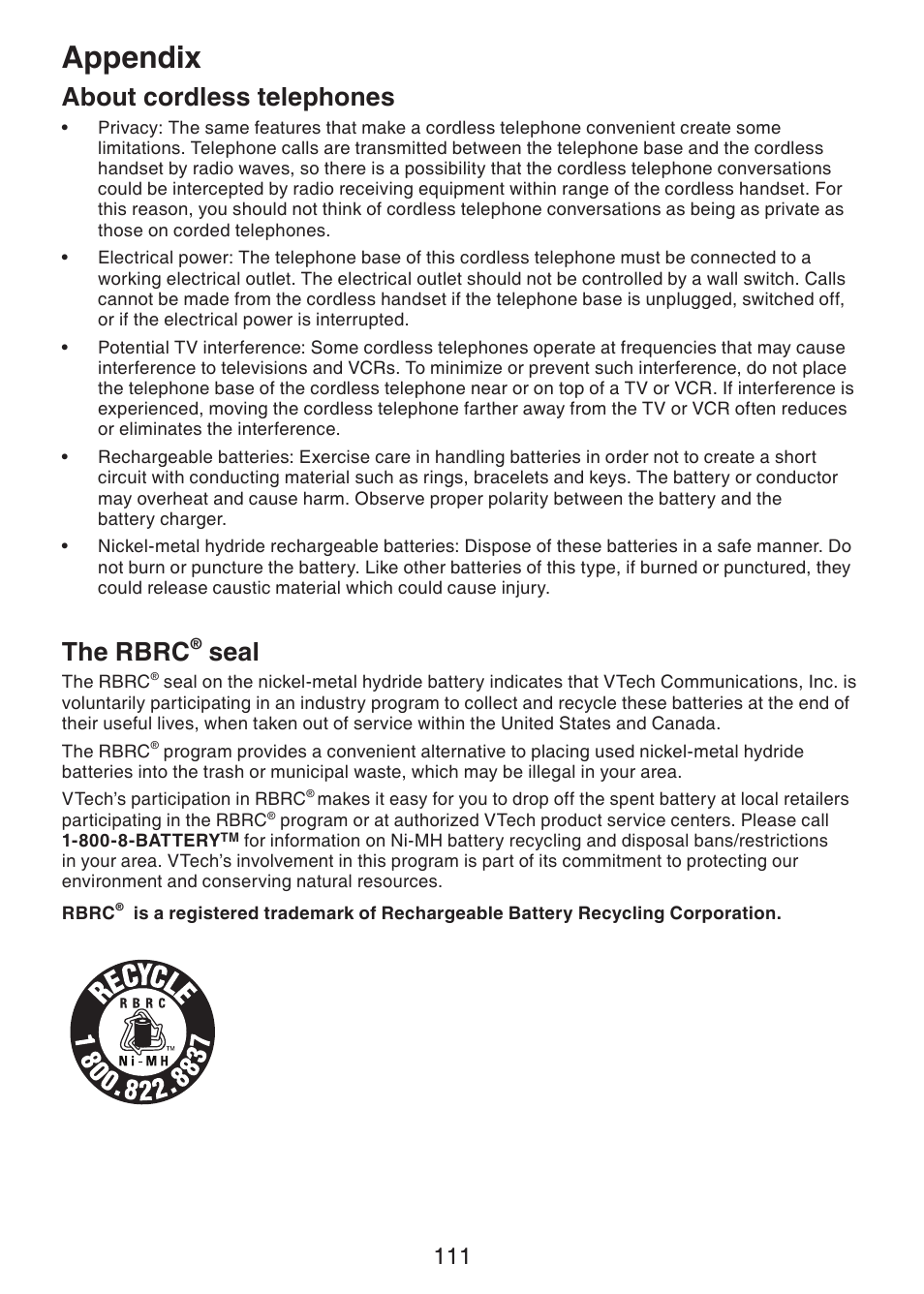 Appendix, About cordless telephones, The rbrc | Seal | VTech DS6421-26 Manual User Manual | Page 116 / 125