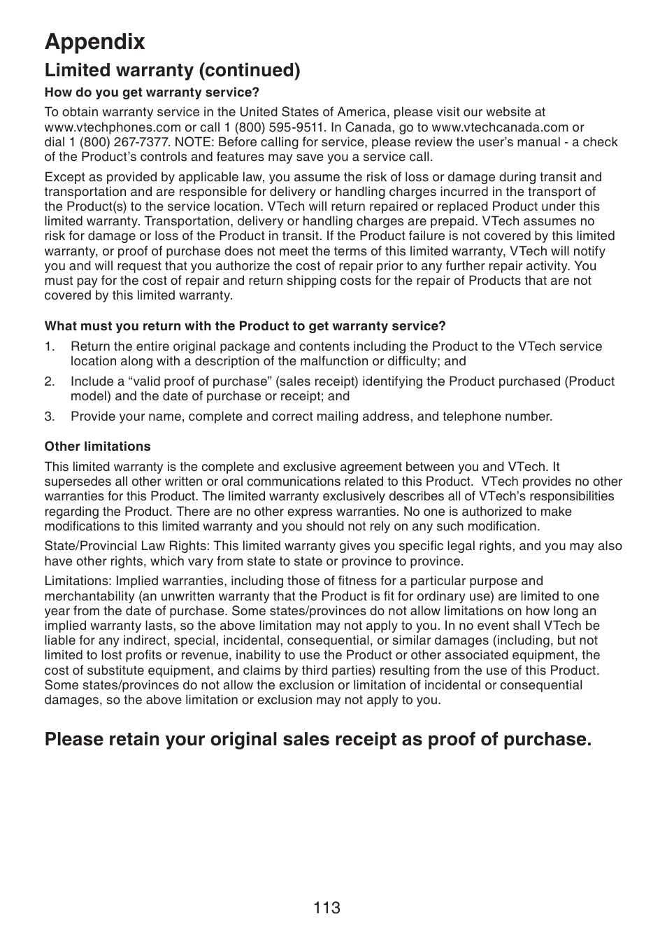 Appendix, Limited warranty (continued) | VTech DS6421-26 Manual User Manual | Page 118 / 125