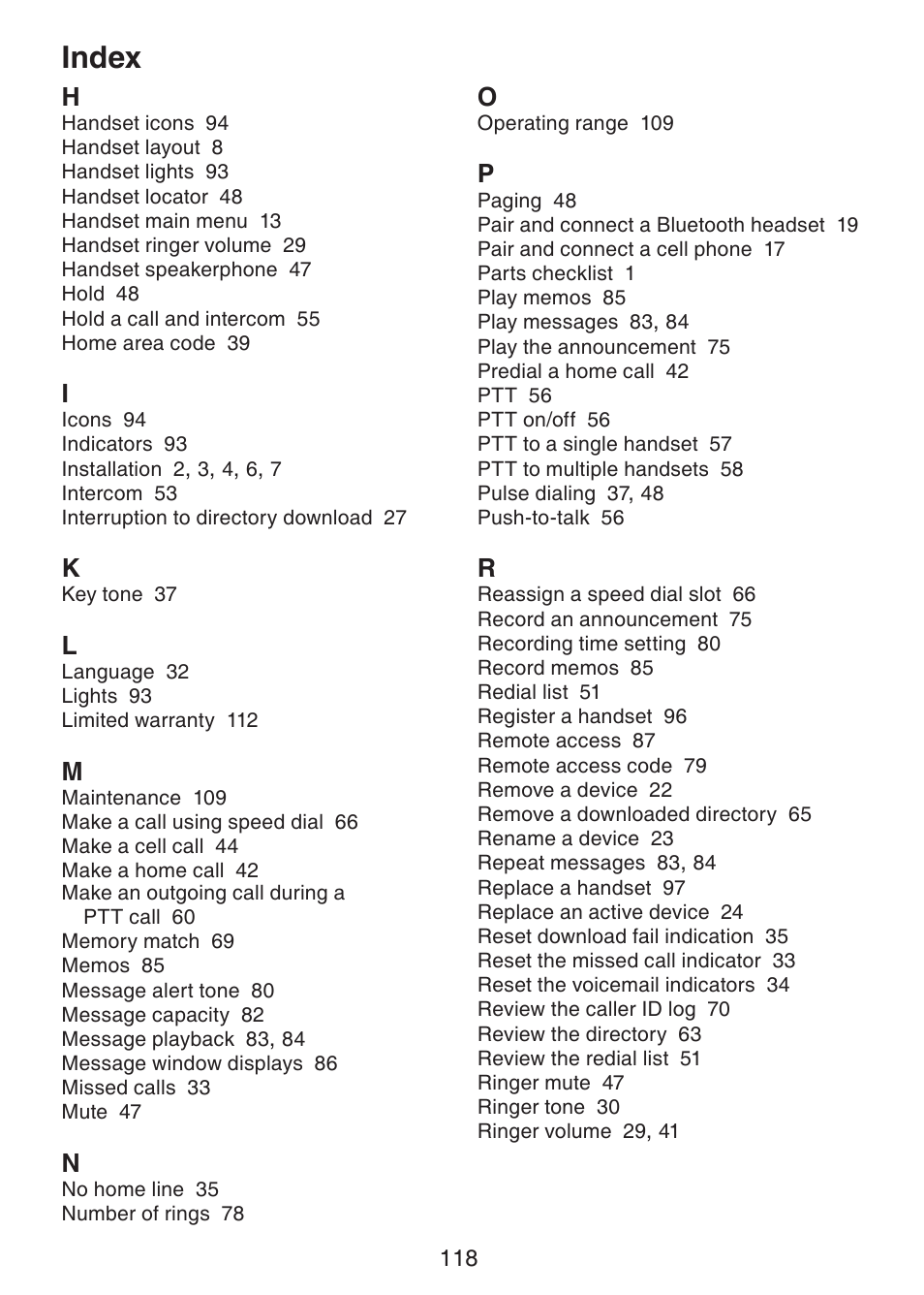 Index | VTech DS6421-26 Manual User Manual | Page 123 / 125