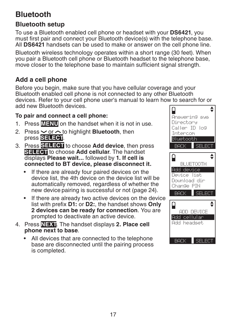 Bluetooth, Bluetooth setup, Add a cell phone | VTech DS6421-26 Manual User Manual | Page 22 / 125