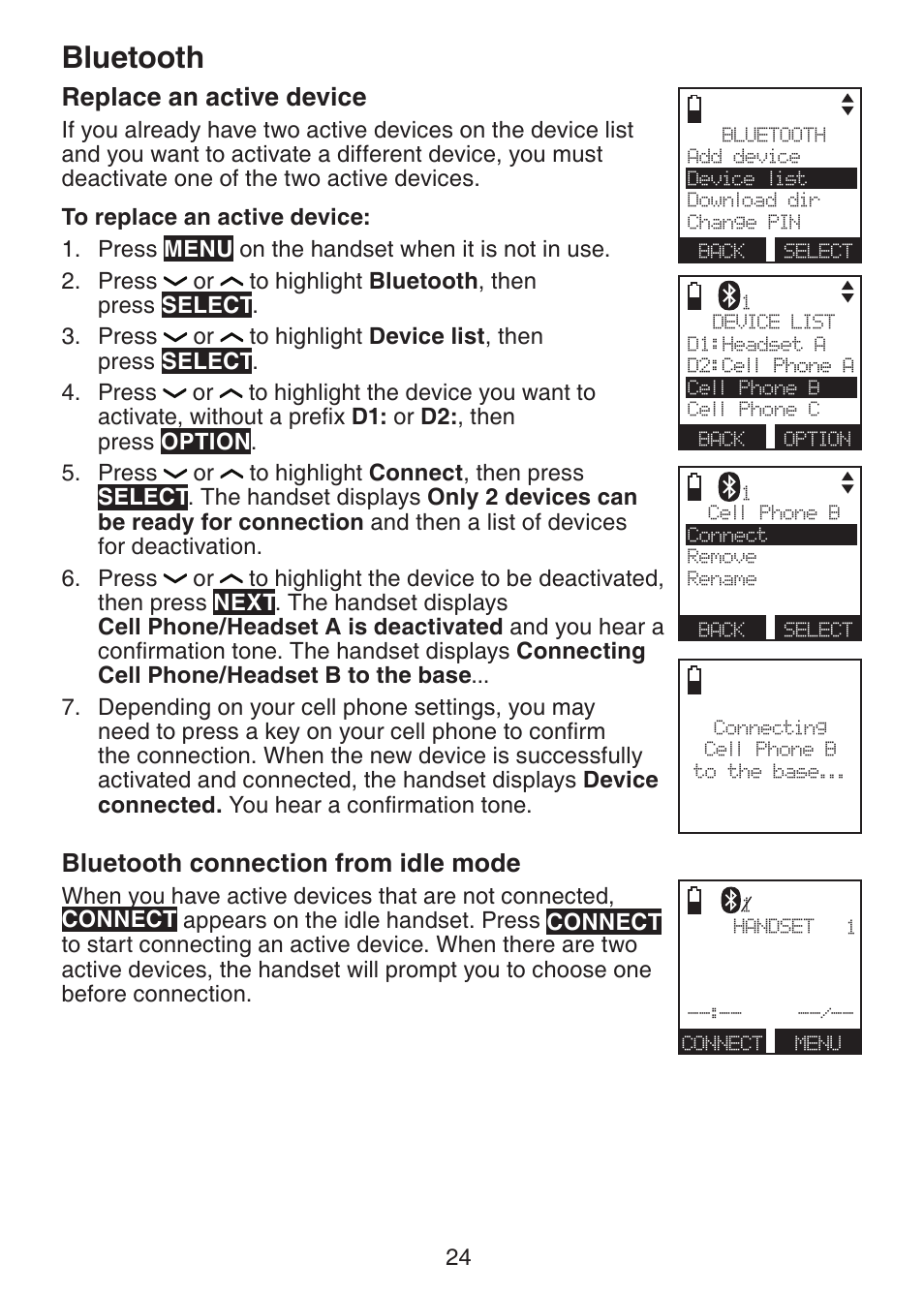 Bluetooth, Replace an active device, Bluetooth connection from idle mode | VTech DS6421-26 Manual User Manual | Page 29 / 125