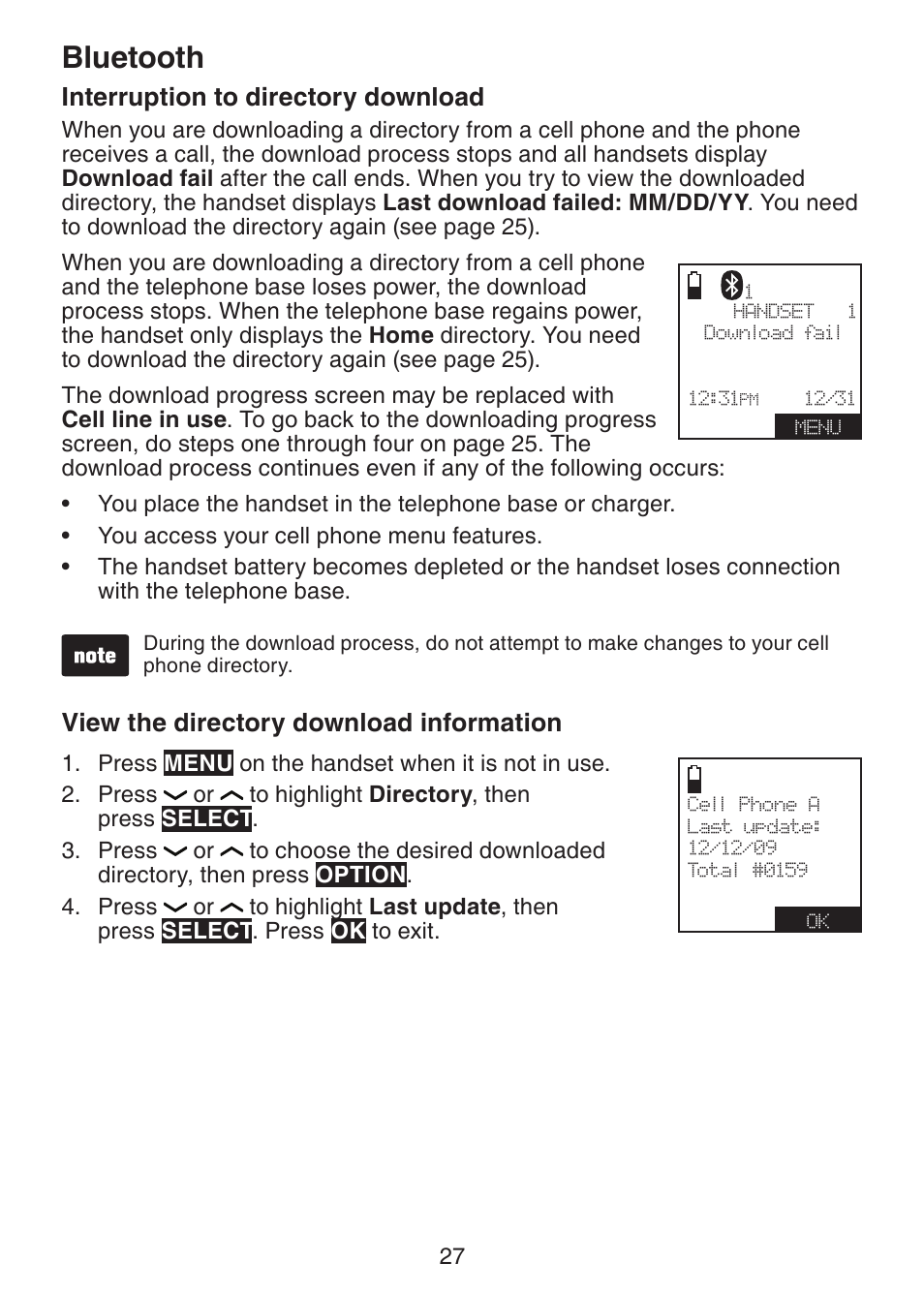 Bluetooth, Interruption to directory download, View the directory download information | VTech DS6421-26 Manual User Manual | Page 32 / 125