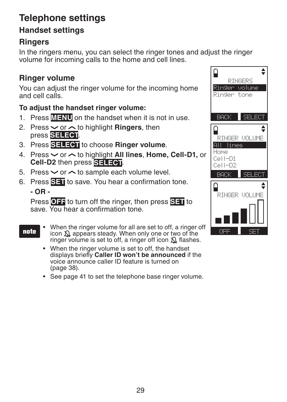 Telephone settings, Handset settings ringers, Ringer volume | VTech DS6421-26 Manual User Manual | Page 34 / 125