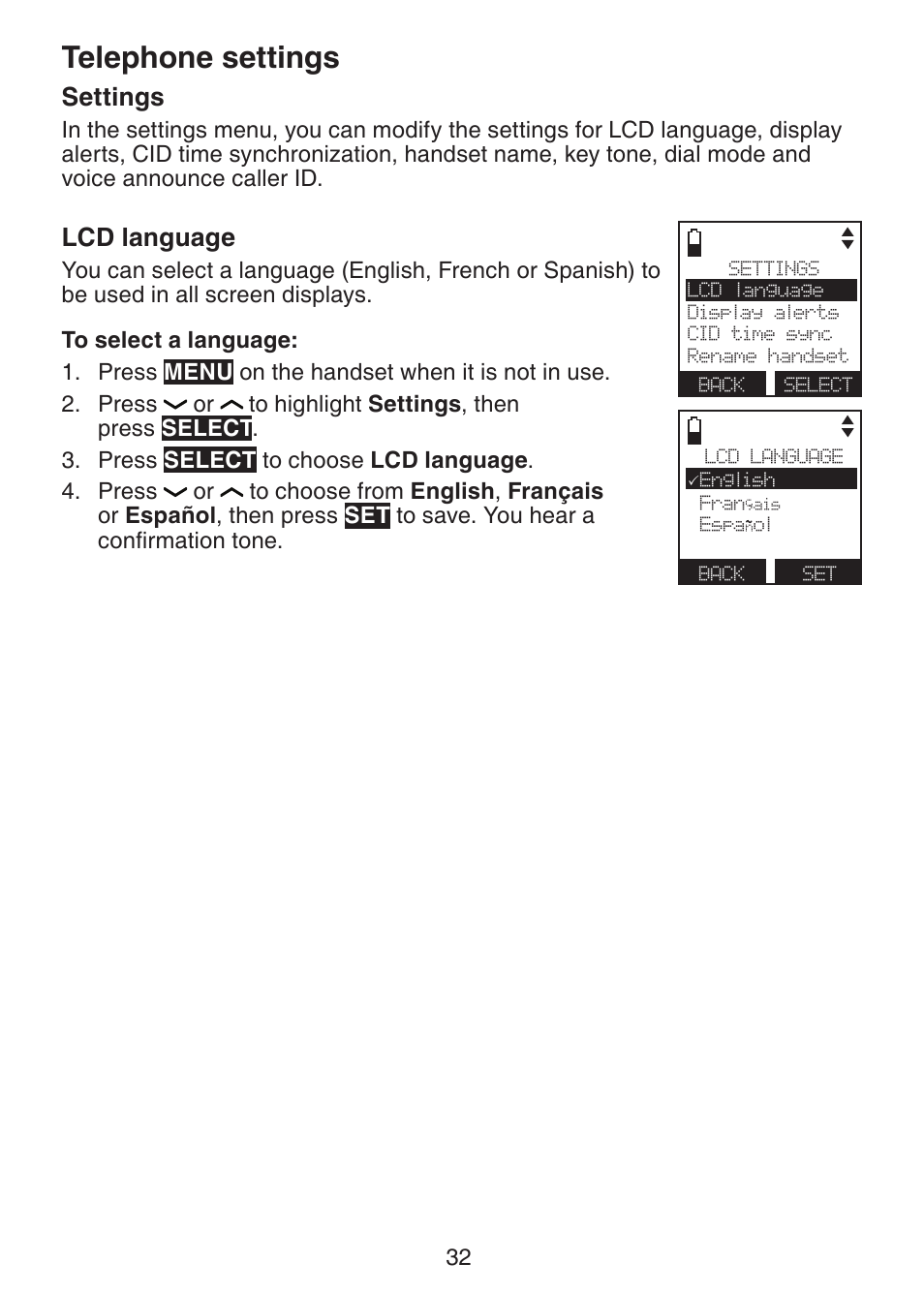 Telephone settings, Settings, Lcd language | VTech DS6421-26 Manual User Manual | Page 37 / 125