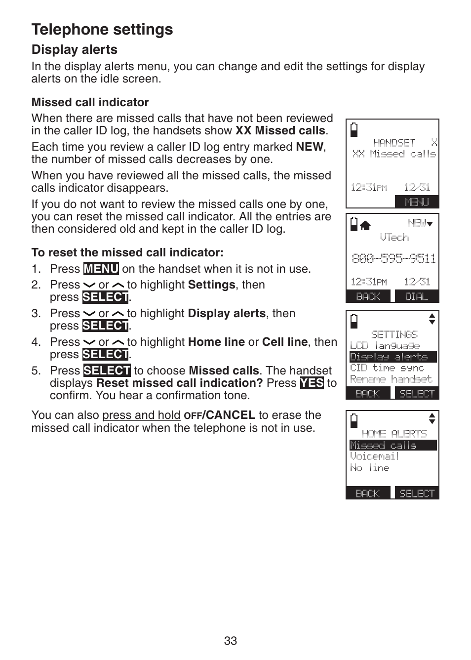 Telephone settings, Display alerts | VTech DS6421-26 Manual User Manual | Page 38 / 125