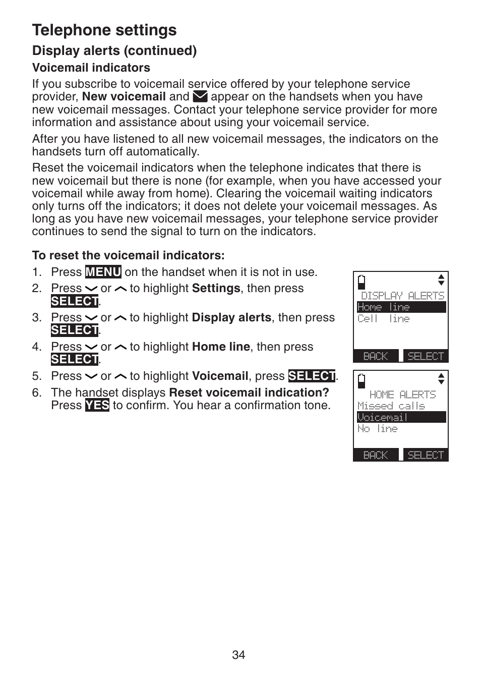 Telephone settings, Display alerts (continued) | VTech DS6421-26 Manual User Manual | Page 39 / 125