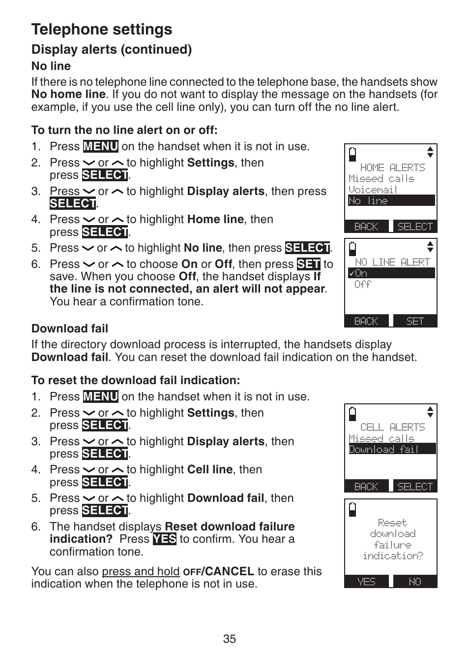 Telephone settings, Display alerts (continued) | VTech DS6421-26 Manual User Manual | Page 40 / 125