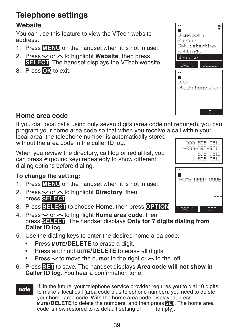 Telephone settings, Website, Home area code | VTech DS6421-26 Manual User Manual | Page 44 / 125