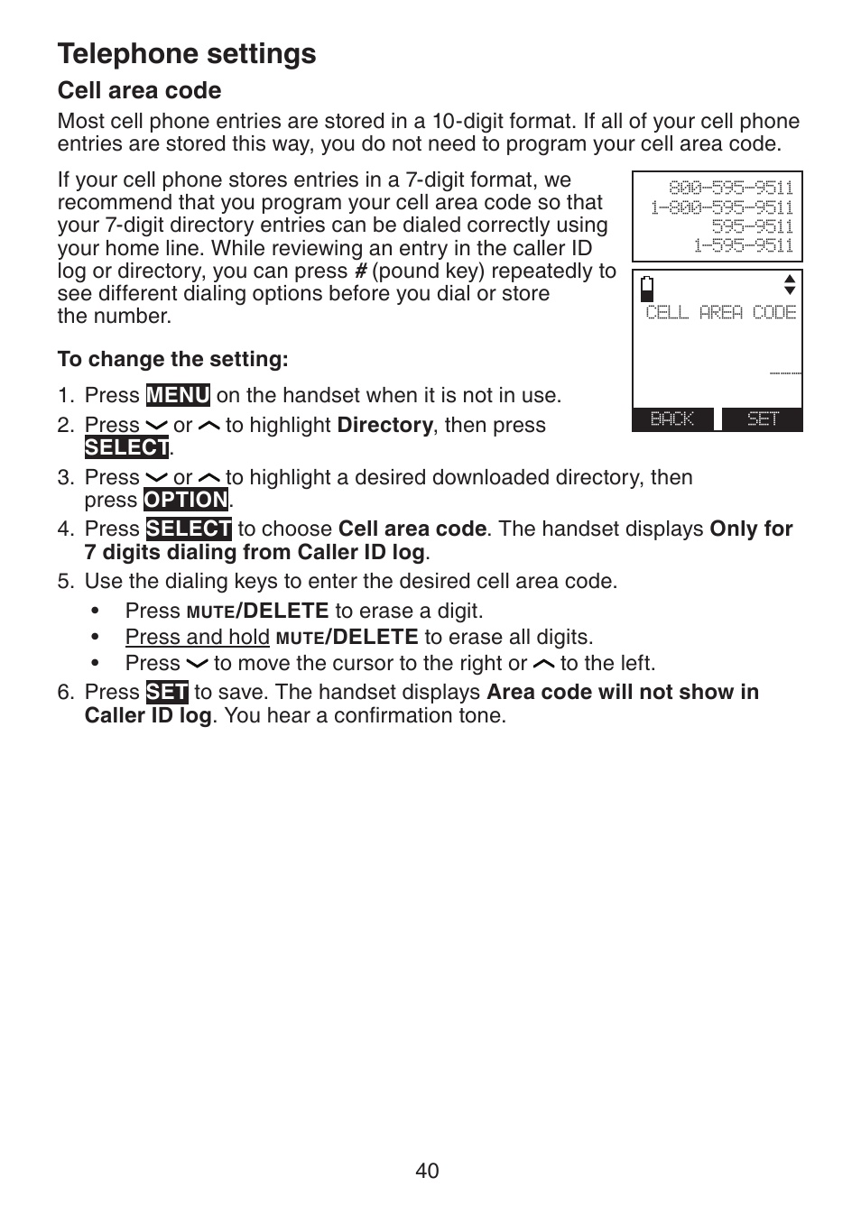 Telephone settings, Cell area code | VTech DS6421-26 Manual User Manual | Page 45 / 125