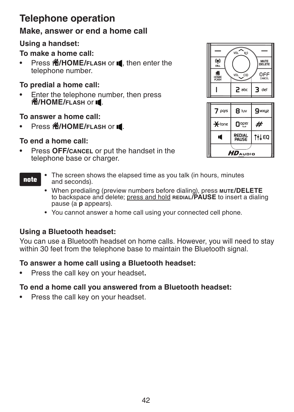 Telephone operation, Make, answer or end a home call | VTech DS6421-26 Manual User Manual | Page 47 / 125