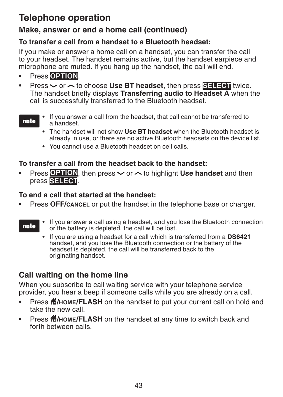 Telephone operation, Make, answer or end a home call (continued), Call waiting on the home line | VTech DS6421-26 Manual User Manual | Page 48 / 125