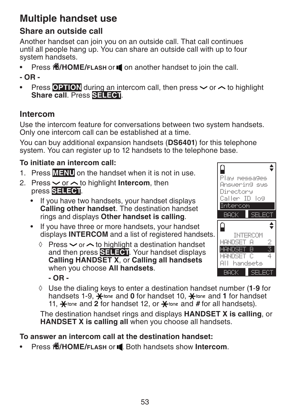 Multiple handset use, Share an outside call, Intercom | VTech DS6421-26 Manual User Manual | Page 58 / 125