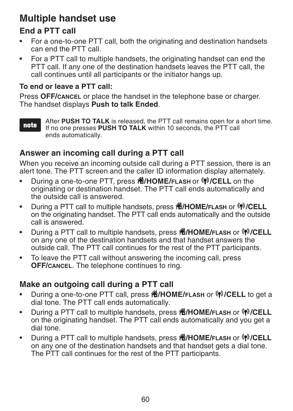 Multiple handset use, End a ptt call, Answer an incoming call during a ptt call | Make an outgoing call during a ptt call | VTech DS6421-26 Manual User Manual | Page 65 / 125