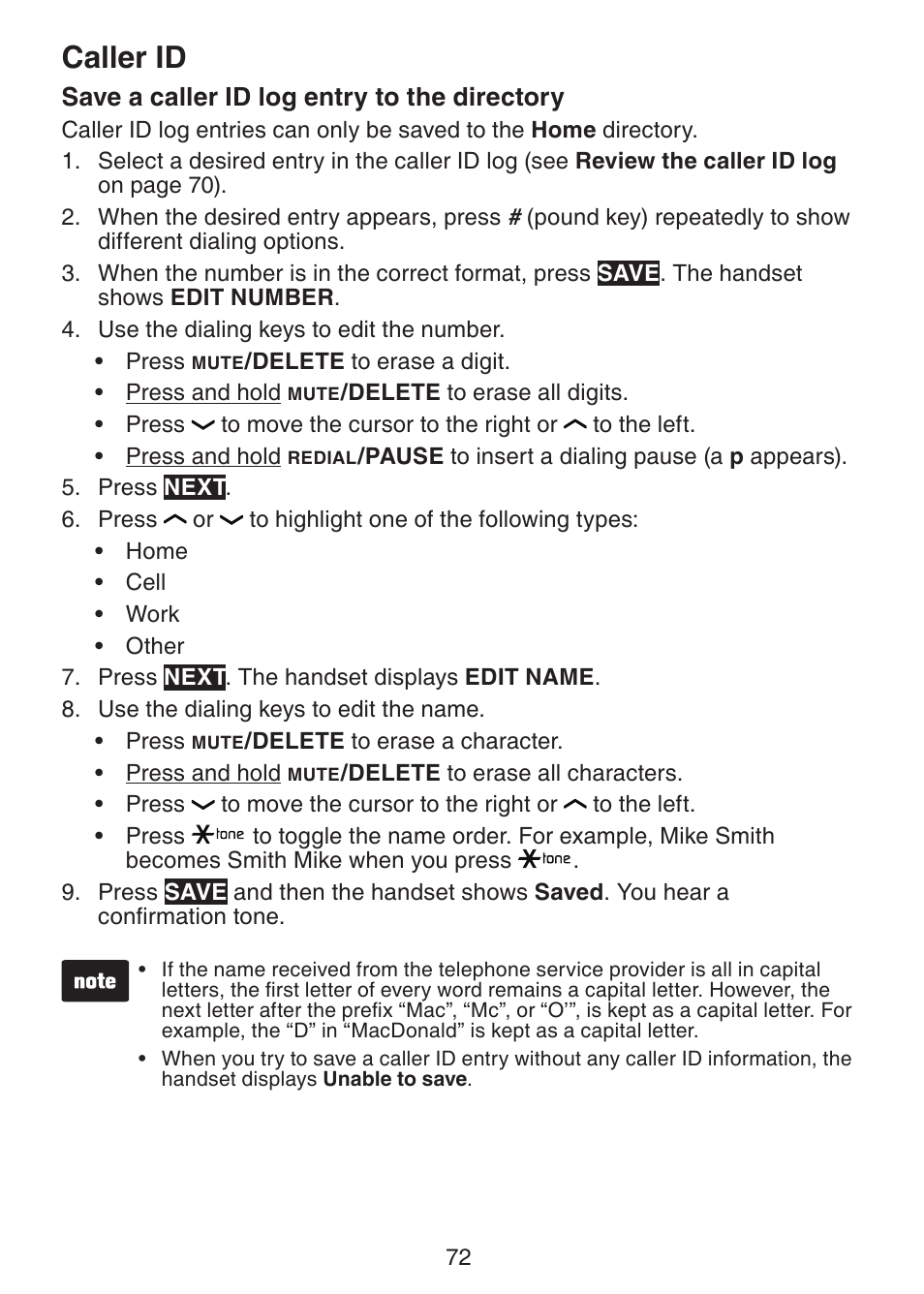 Caller id, Save a caller id log entry to the directory | VTech DS6421-26 Manual User Manual | Page 77 / 125