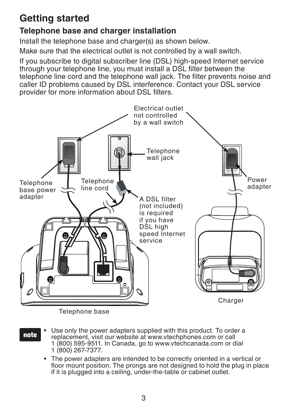 Getting started, Telephone base and charger installation | VTech DS6421-26 Manual User Manual | Page 8 / 125