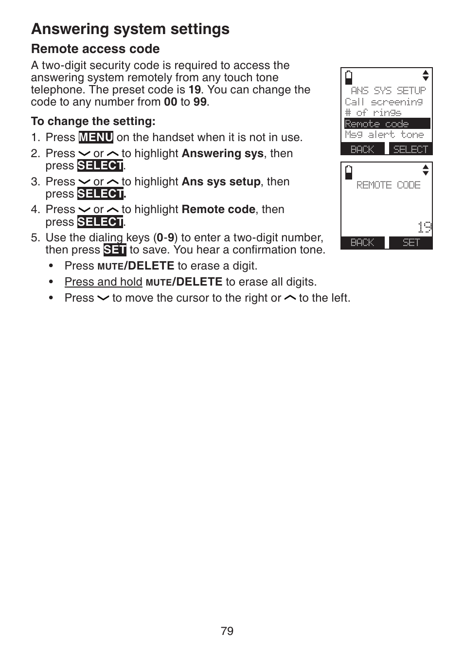 Answering system settings, Remote access code | VTech DS6421-26 Manual User Manual | Page 84 / 125