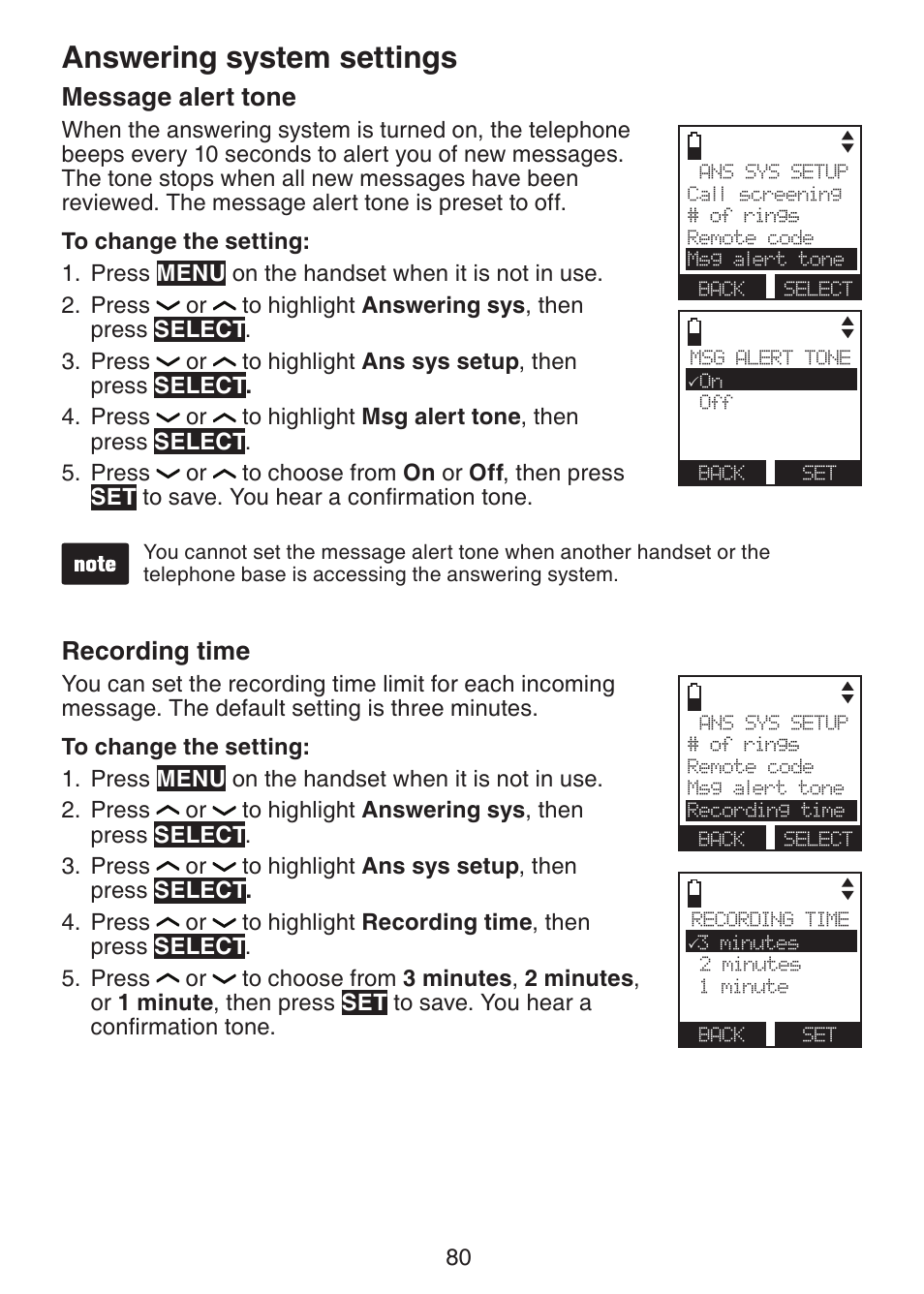 Answering system settings, Message alert tone, Recording time | VTech DS6421-26 Manual User Manual | Page 85 / 125