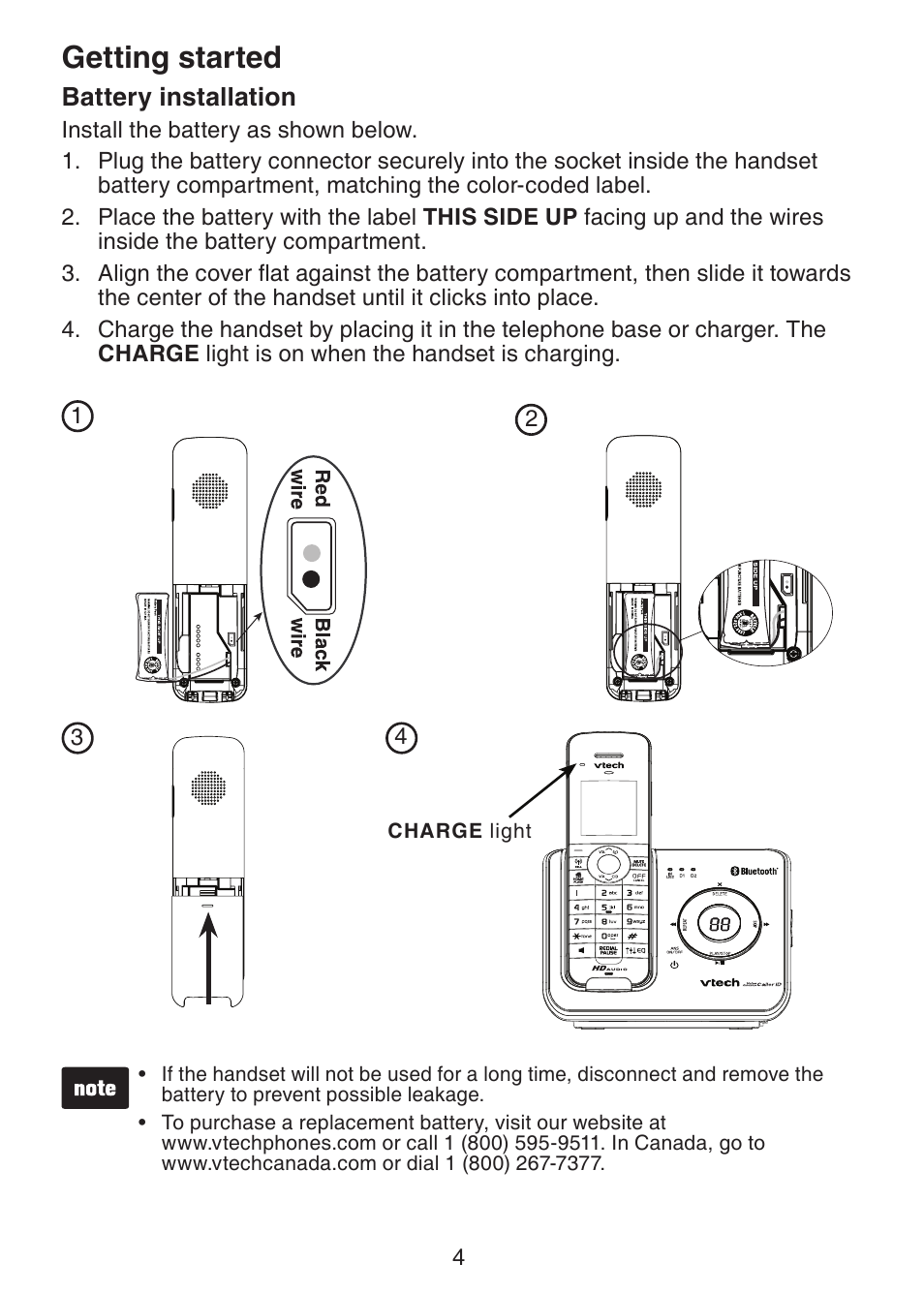 Getting started, Battery installation | VTech DS6421-26 Manual User Manual | Page 9 / 125